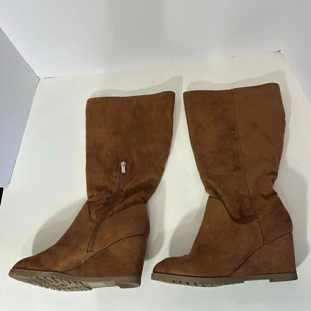 Journee Collection Women’s Micro Suede Knee High Wedge Boots Brown/Tan Faux Sued